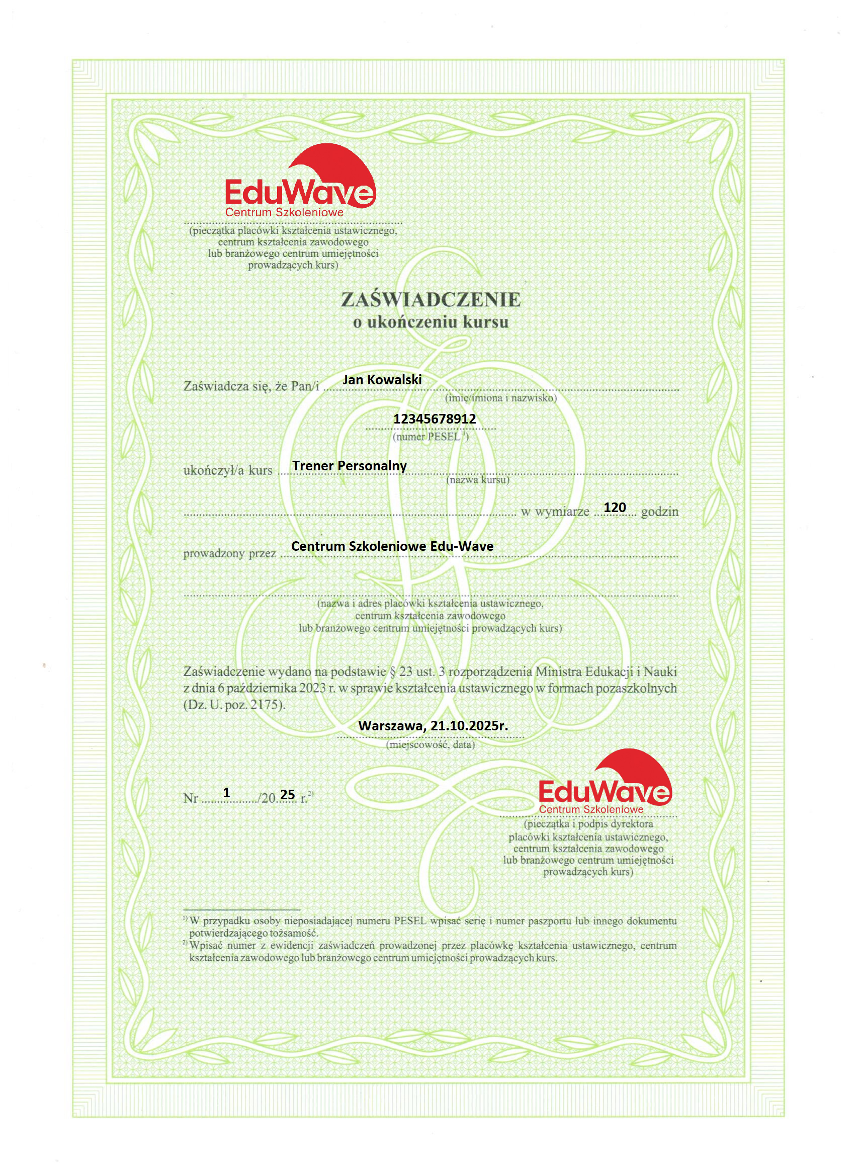 Przykładowy dokument zaświadczenia